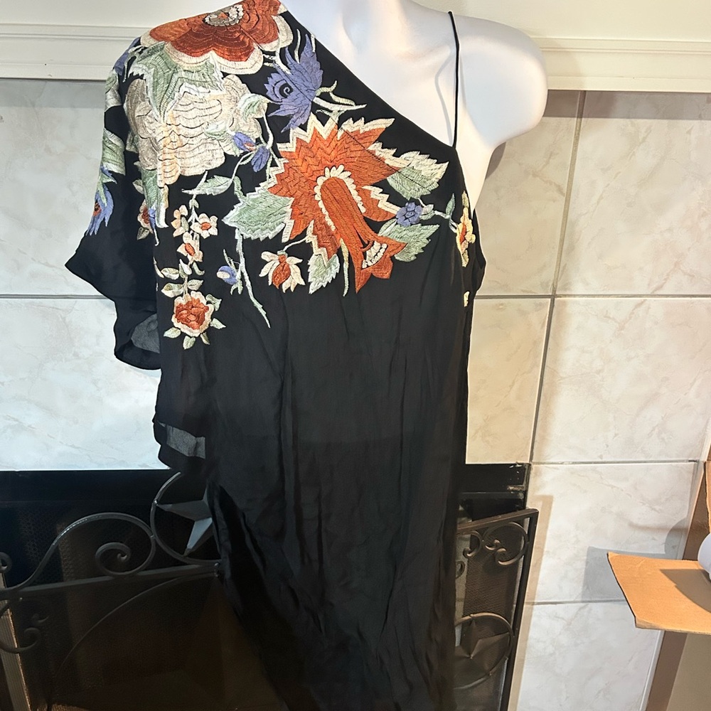 Free People Black one shoulder blouse with Colorful Embroidery